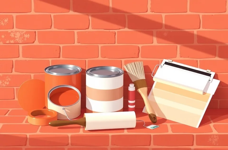 Pots de peinture, nuancier, brosses et rouleaux disposés à plat