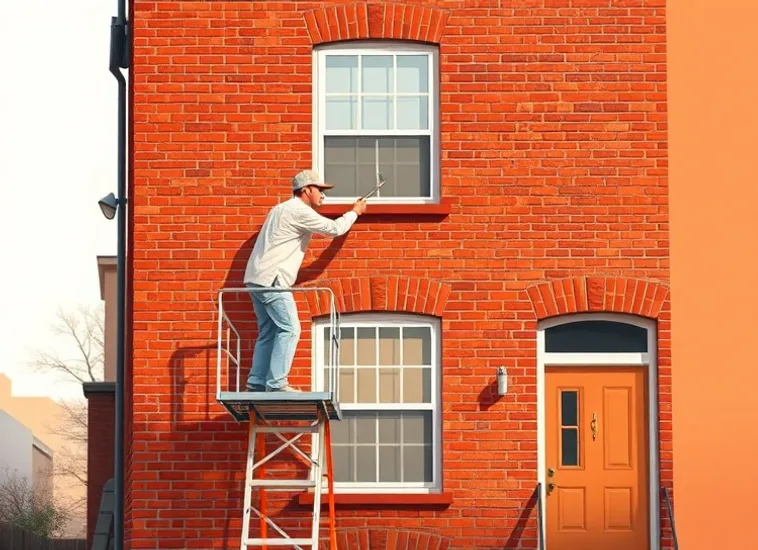 Peintre sur échafaudage traitant la façade d'une maison